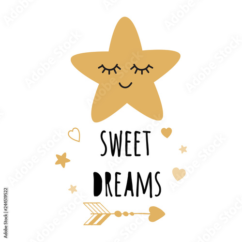 Vector gold star with sweet dream text. Inspirational phrase for baby room poster Cute card banner logo