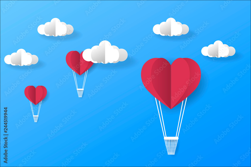 Valentine's day greeting card. Abstract background with text love, clouds, balloon in a heart shape. Art paper and crafts