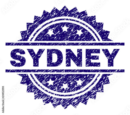 SYDNEY stamp seal watermark with distress style. Blue vector rubber print of SYDNEY label with unclean texture.