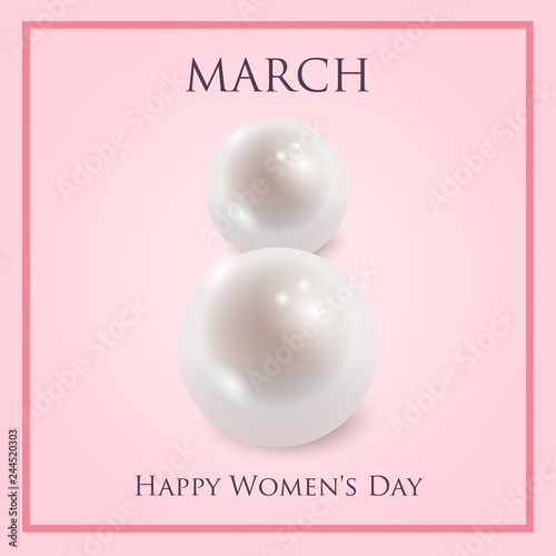 8 March greeting card template with two shiny pearls forming number 8 and bow and ribbon on pink background with scattered pearls. International Women's day background. Vector illustration