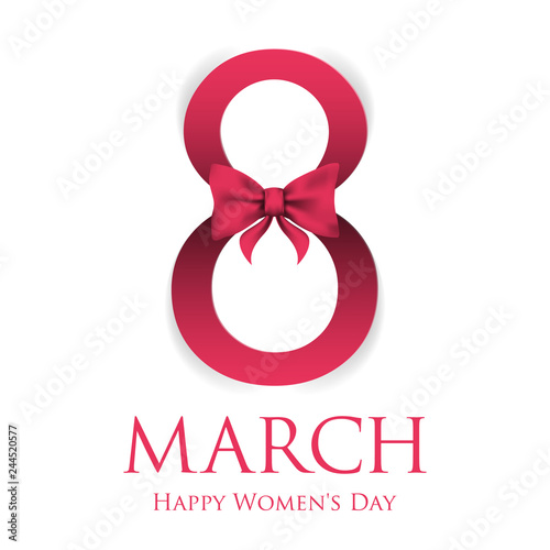8 March greeting card template with two shiny pearls forming number 8 and bow and ribbon on pink background with scattered pearls. International Women's day background. Vector illustration