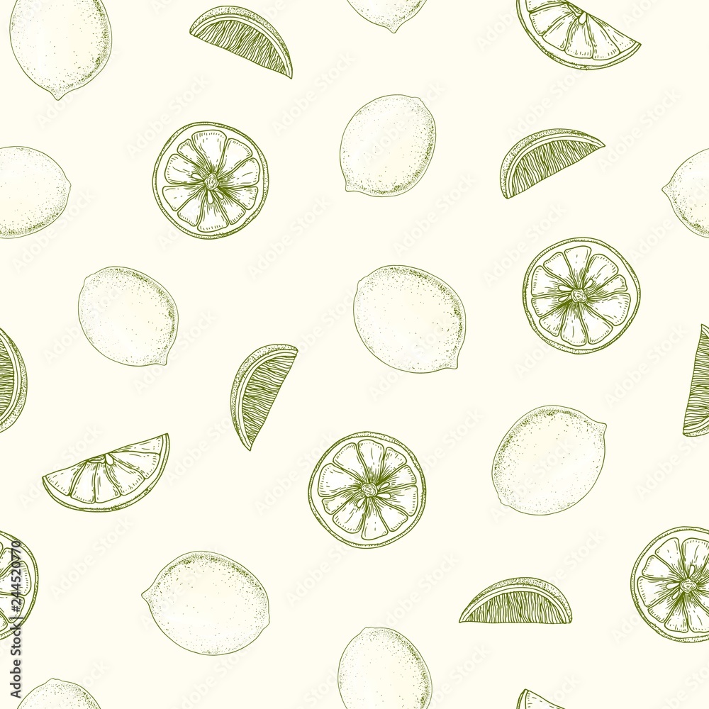 Natural seamless pattern with lemons, whole and cut into pieces hand ...