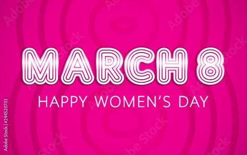 8 March greeting card template with two shiny pearls forming number 8 and bow and ribbon on pink background with scattered pearls. International Women's day background. Vector illustration