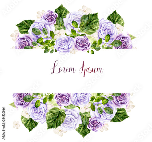 Watercolor spring card with roses and leaves.