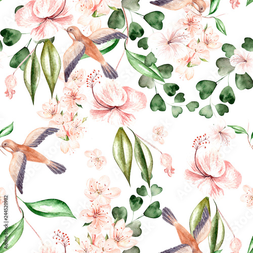 Watercolor pattern with spring flowers, eucalyptus leaves and birds.