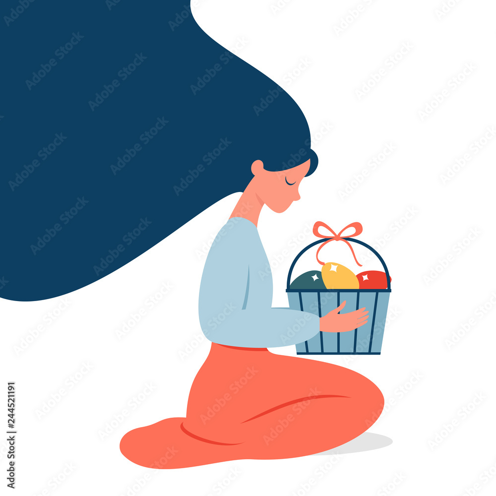 Young girl holding a holiday basket with Easter eggs. Romantic Woman with fluttering hair has prepared colored eggs for Easter. Vector illustration Young girl holding a holiday basket with Easter eggs. Romantic Woman with fluttering hair has prepared colored eggs for Easter. Vector illustration