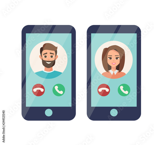 Incoming call from the man on mobile phone. Set of Smartphones with woman and man on display. Vector illustration isolated from white background