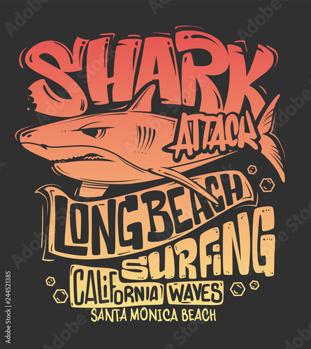 Shark t-shirt surf print design, vector illustration