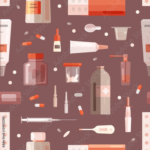 Seamless pattern with medicaments, mixtures in bottles, pills in jars, tubes,...