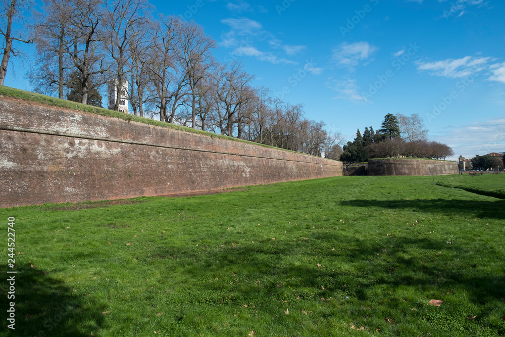 Medieval fortress walls in Lucca center, Italy