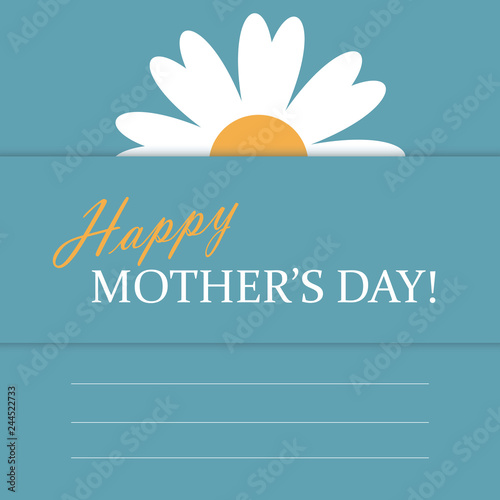 Greeting card with camomile bouquet, Happy Mother's Day! phrase in blue, white and yellow colors. Vector Illustration. Eps10