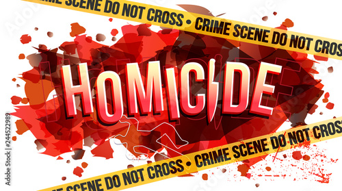 The word Homicide. Yellow tape Crime scene do not cross text. Vector creative illustration.