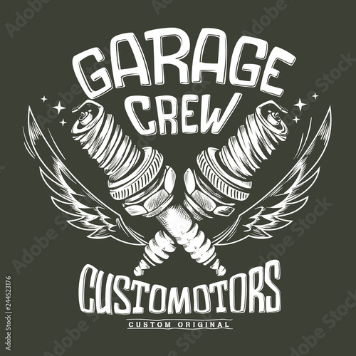 Vintage motorcycle club garage Spark Plug print design.