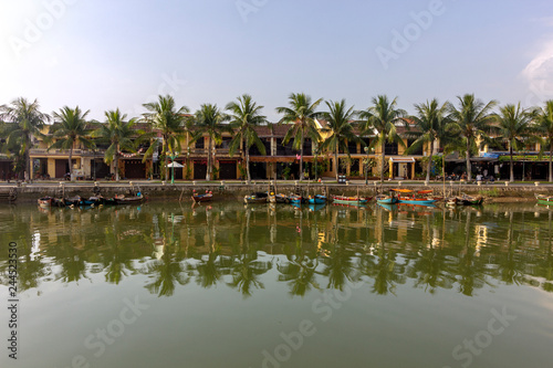 Waterfront view of Thu Bon River, at Hoi An ancient town historic district, UNESCO world heritage site. Its a popular travel destination, Vietnam.