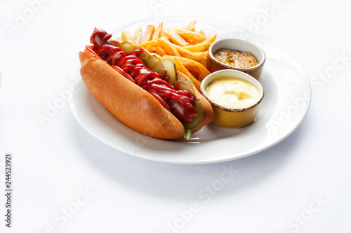 hotdog and french fries on white background