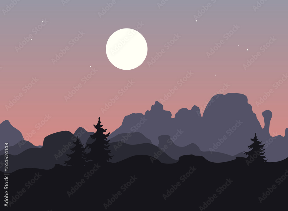 Fototapeta premium Mountain landscape with single trees under a purple night or evening sky with rising moon. Vector