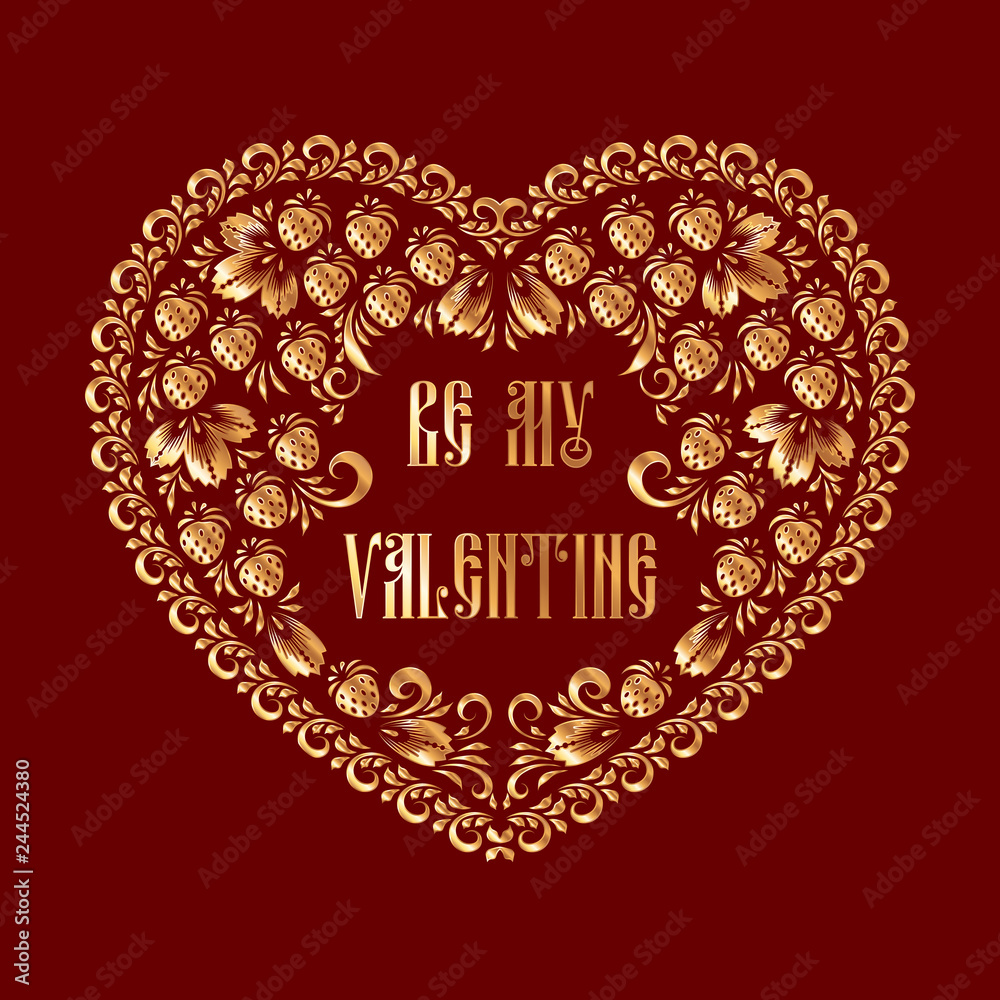 Heart-shaped frame in russian traditional style khokhloma painting. Design element for Valentines Day card