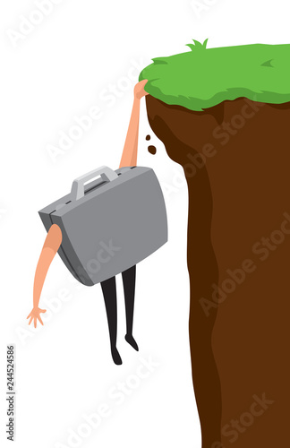 Business portfolio hanging from cliff