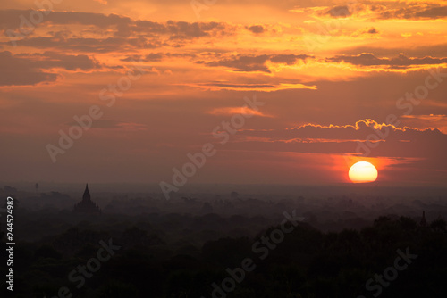 Scenic sunrise with thousands of historic buddhist temples in Bagan Myanmar