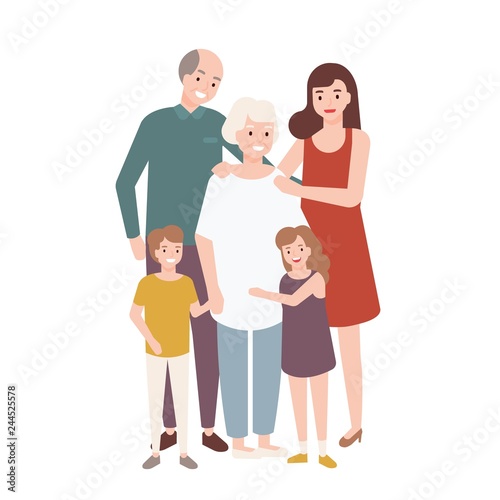 Happy family with grandfather, grandmother, mother, child girl and boy standing together and embracing each other. Funny cartoon characters isolated on white background. Flat vector illustration.
