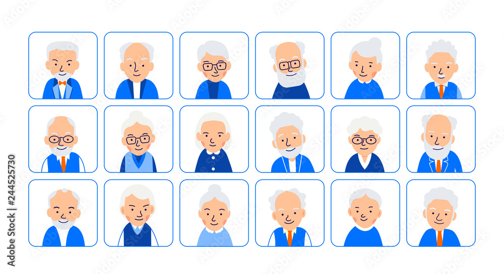 Set avatars old people. Illustrations of heads of elderly people in rounded squares. Symbols aged faces. Illustration of people characters isolated on white background in flat style
