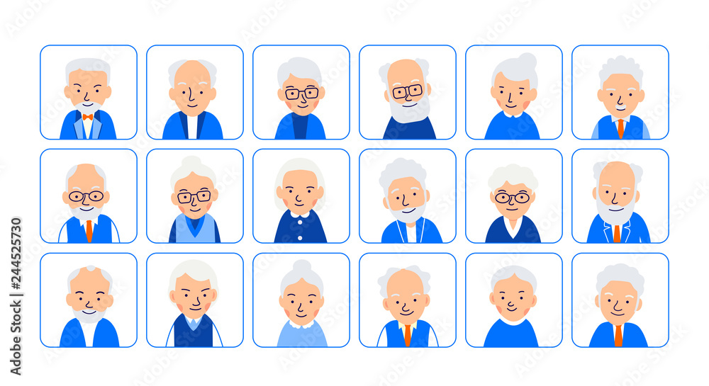 Set avatars old people. Illustrations of heads of elderly people in rounded squares. Symbols aged faces. Illustration of people characters isolated on white background in flat style Set avatars old people. Illustrations of heads of elderly people in rounded squares. Symbols aged faces. Illustration of people characters isolated on white background in flat style