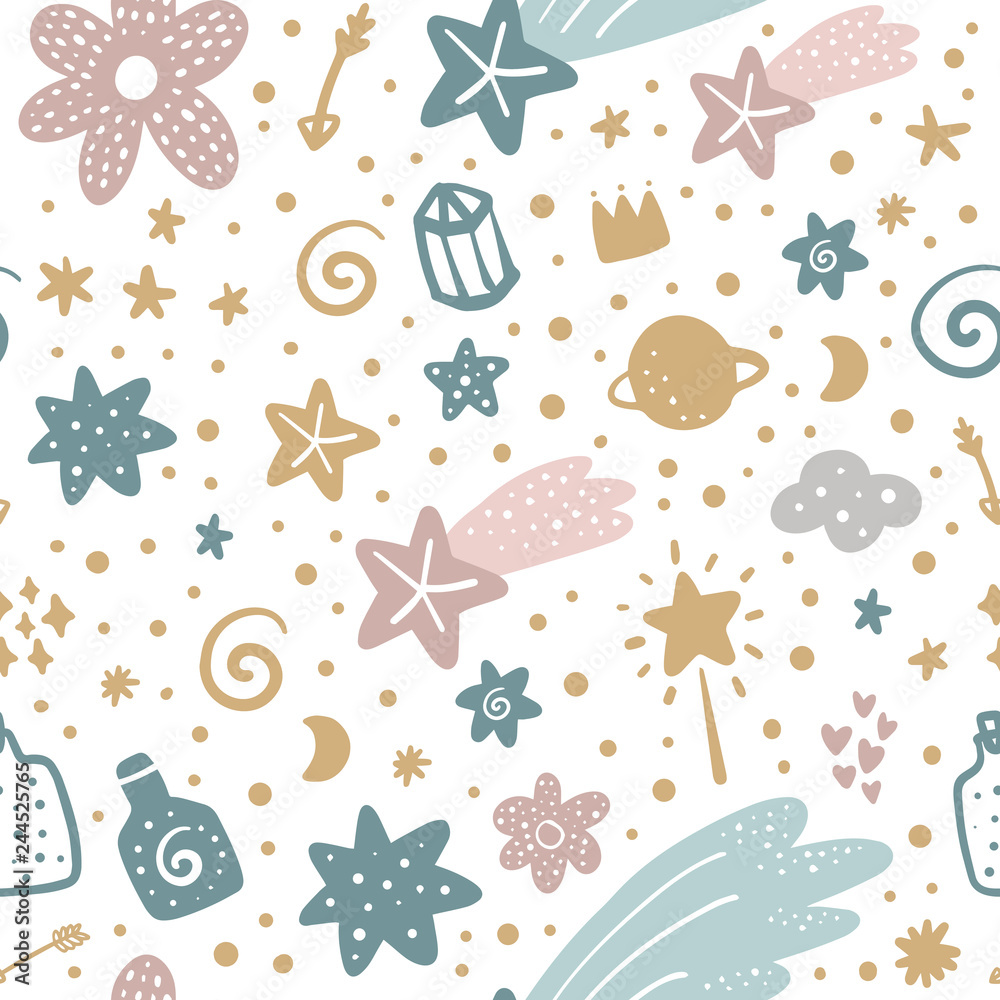 Cute hand drawn girl boho pastel night pattern Cute hand drawn girl boho pastel night pattern