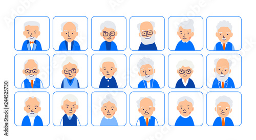 Set avatars old people. Illustrations of heads of elderly people in rounded squares. Symbols aged faces. Illustration of people characters isolated on white background in flat style © jeysent