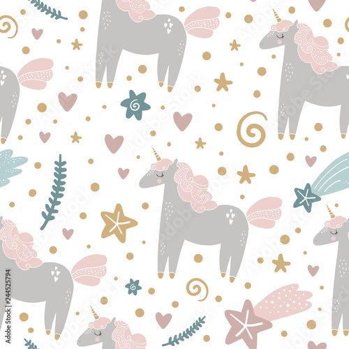 Cute hand drawn girl unicorn pastel night pattern