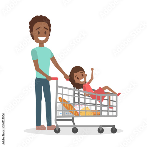Father and daughter going with bags full of food
