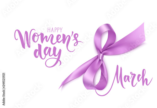 International Womens Day design template. 8 march text with beautiful purple bow isolated on white background. Holiday decoration. Vector illustration