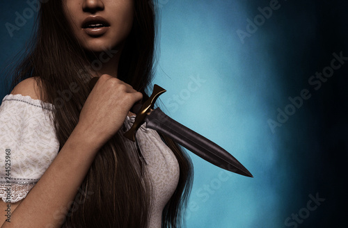 Fototapete Sister of horror,woman with dagger,3d rendering