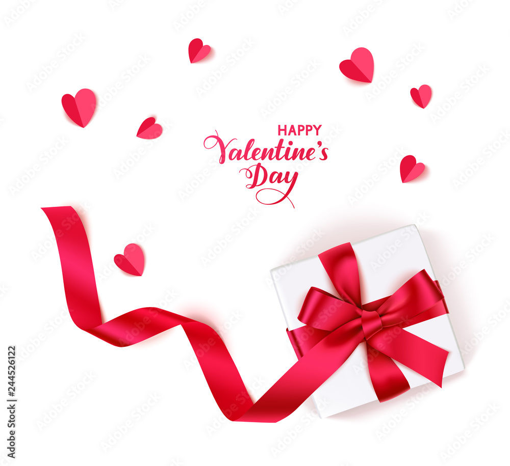 Valentine's day design template. Decorative gift box wirh red bow and long ribbon and paper hearts isolated on white background. Vector illustration