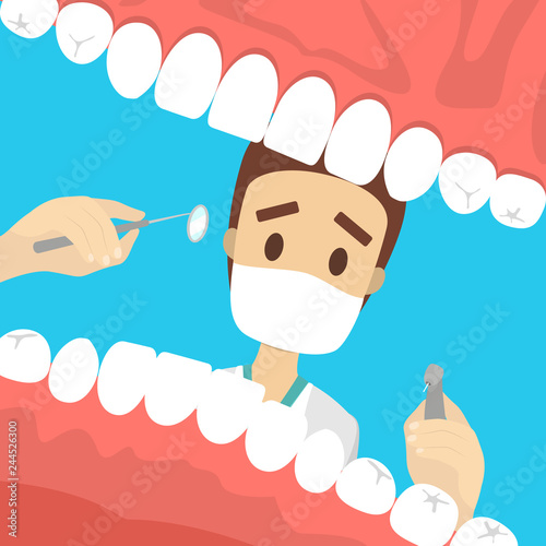 Dentist looking into open mouth of patient.