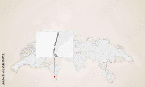 Map of Chile with neighbor countries pinned on world map.