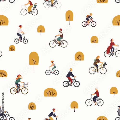Seamless pattern with people riding bikes in autumn park with trees. Backdrop with men and women on bicycles. Vector illustration in flat cartoon style for wrapping paper, fabric print, wallpaper.