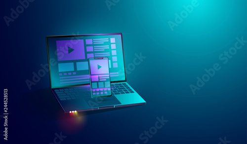 web development on smartphone and laptop' screen concept, application UI - UX development cross platform. vector