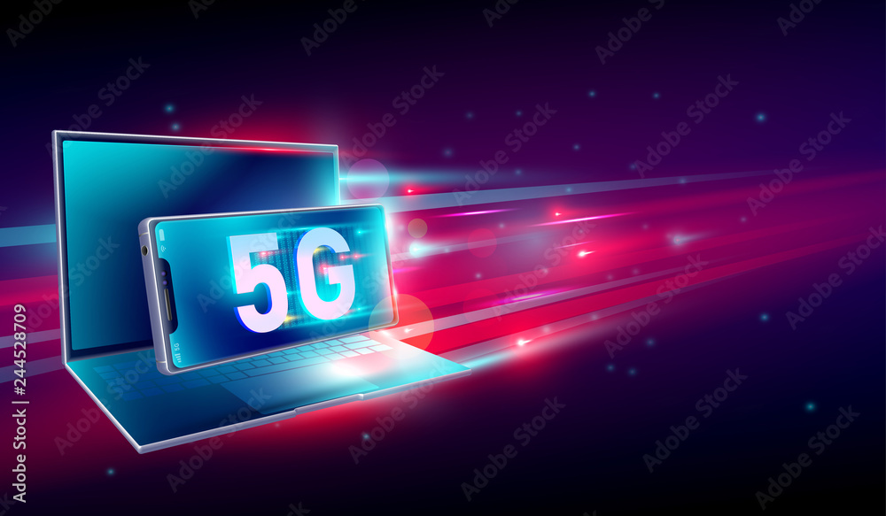 5G high speed network communication internet on flying realistic 3d ...