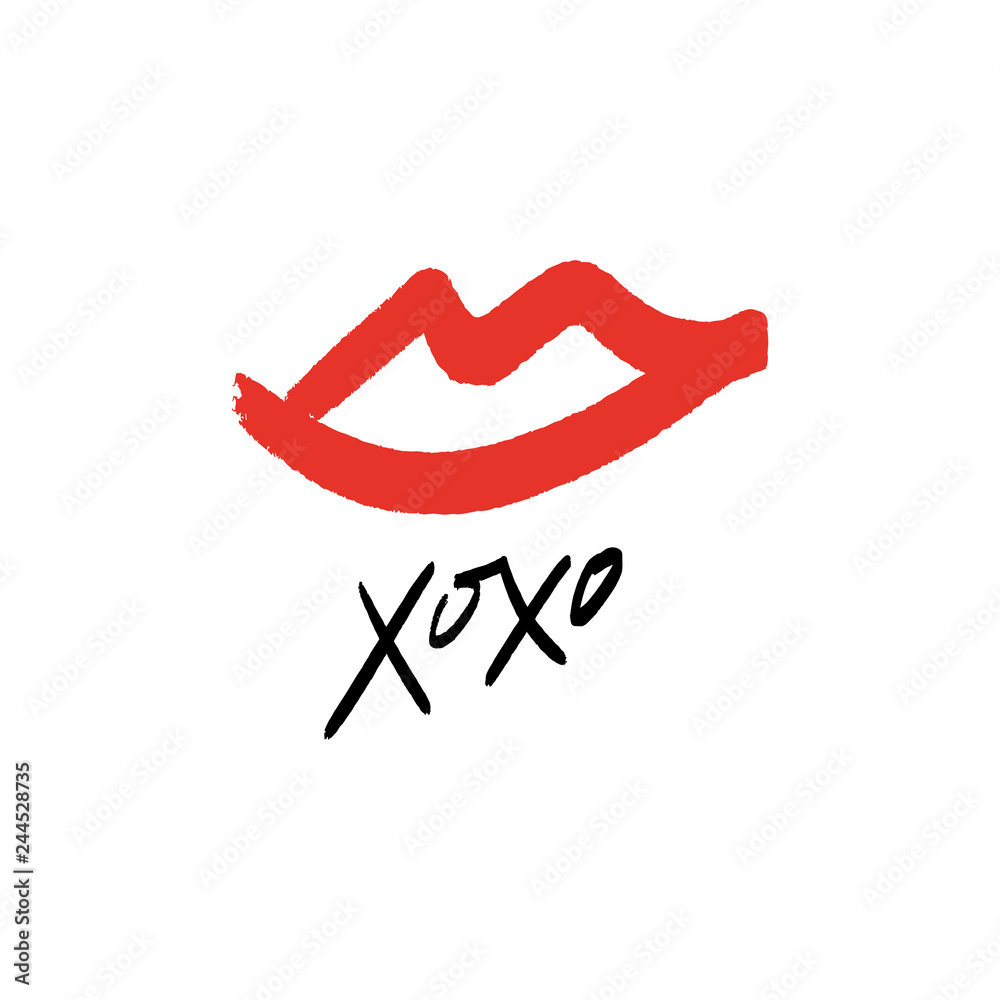 Hand drawn red lips kiss stylish symbol, hugs and kisses text Hand drawn red lips kiss stylish symbol, hugs and kisses text
