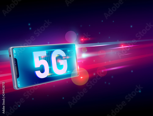 5G network wireless internet communication  on flying realistic 3d smartphone with light red and dark blue background. Vector
