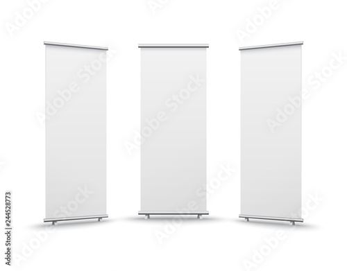 Roll up banner stand isolated on white background. Vector blank display set mockup for presentation or exhibition product template.