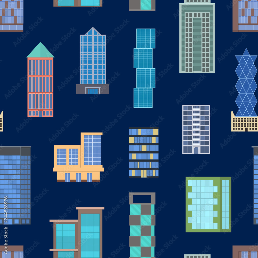 Cartoon Buildings Signs Seamless Pattern Background. Vector