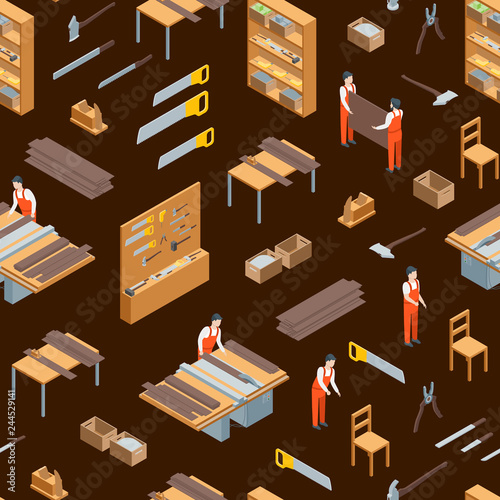 Furniture Makers at Work and Interior Seamless Pattern Background Isometric View. Vector