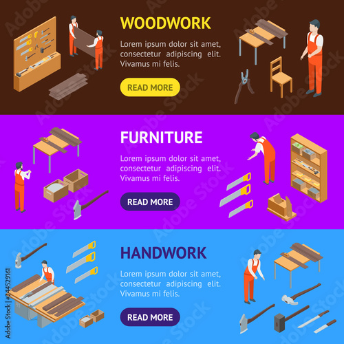 Furniture Makers at Work Banner Horizontal Set Isometric View. Vector