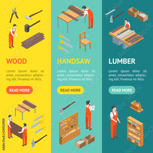 Furniture Makers at Work and Interior Banner Vecrtical Set Isometric View. Vector