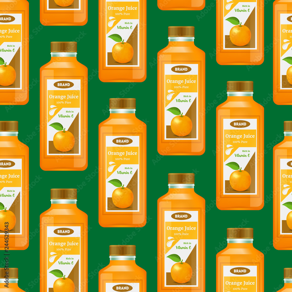 Realistic Detailed 3d Orange Juice Seamless Pattern Background. Vector