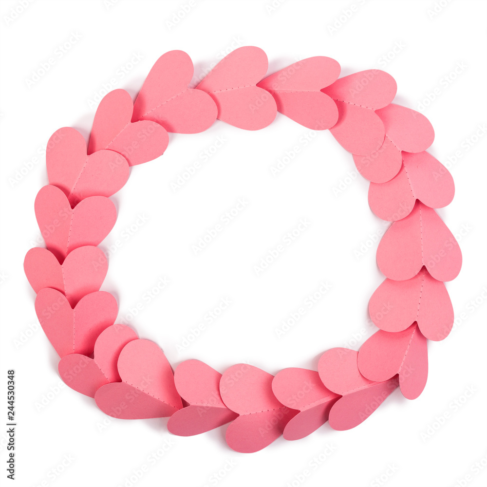 Paper frame made of pink paper hearts isolated on white background. Valentine's Day template. Flat lay Paper frame made of pink paper hearts isolated on white background. Valentine's Day template. Flat lay