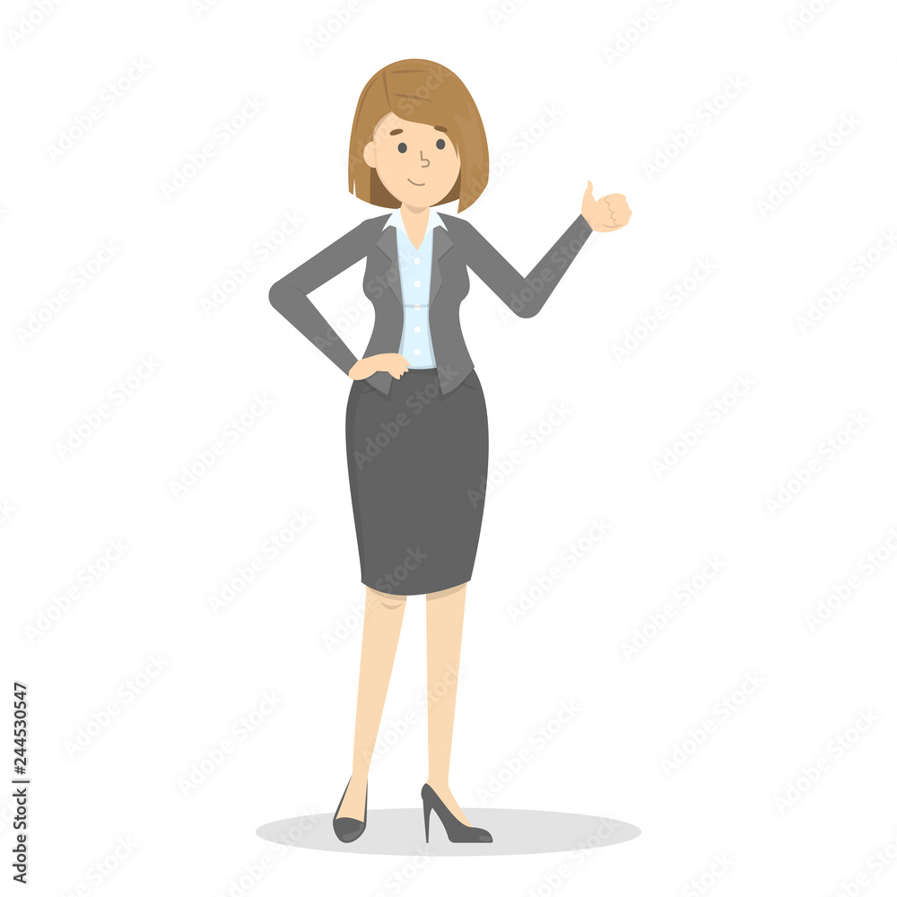Businesswoman in suit standing and showing thumbs up Businesswoman in suit standing and showing thumbs up