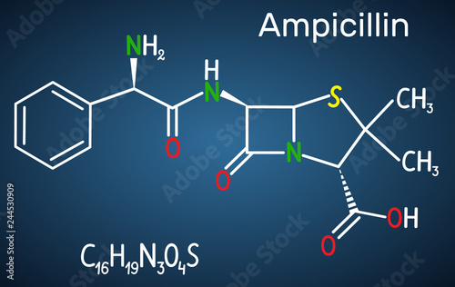 Ampicillin drug molecule. It is beta-lactam antibiotic. Structural chemical formula on the dark blue background