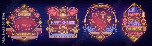 Set of holiday banner templates with Happy Chinese New Year 2019 inscription decorated with pigs, traditional fans and lanterns drawn with glowing neon lines on dark background. Vector illustration.